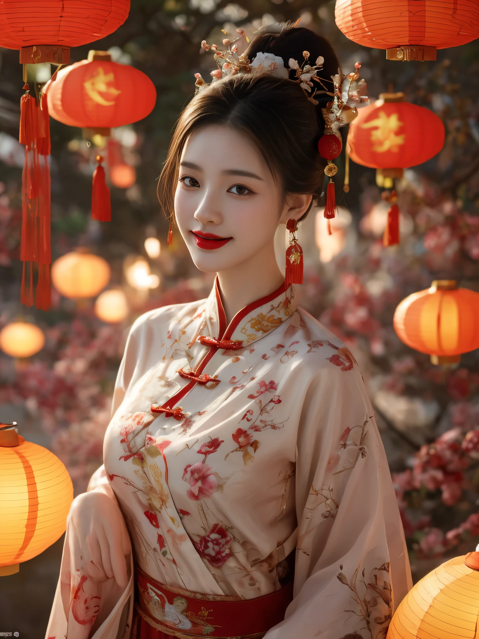 Spring Festival,1girl,solo,lantern,red lips,hair ornament,looking at viewer,chinese clothes,blurry,upper body,paper lantern,earrings,jewelry,makeup,black hair,brown hair,lipstick,smile,
best quality,masterpiece,illustration,an extremely delicate and beautiful,CG,unity,8k wallpaper,Amazing,finely detail,masterpiece,official art,extremely detailed CG unity 8k wallpaper,incredibly absurdres,huge filesize,ultra-detailed,highres,extremely detailed,beautiful detailed girl,realistic,