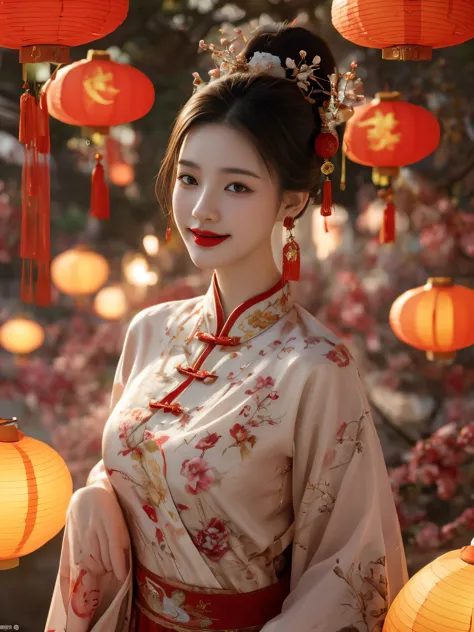 spring festival,1girl,solo,lantern,red lips,hair ornament,looking at viewer,chinese clothes,blurry,upper body,paper lantern,earr...