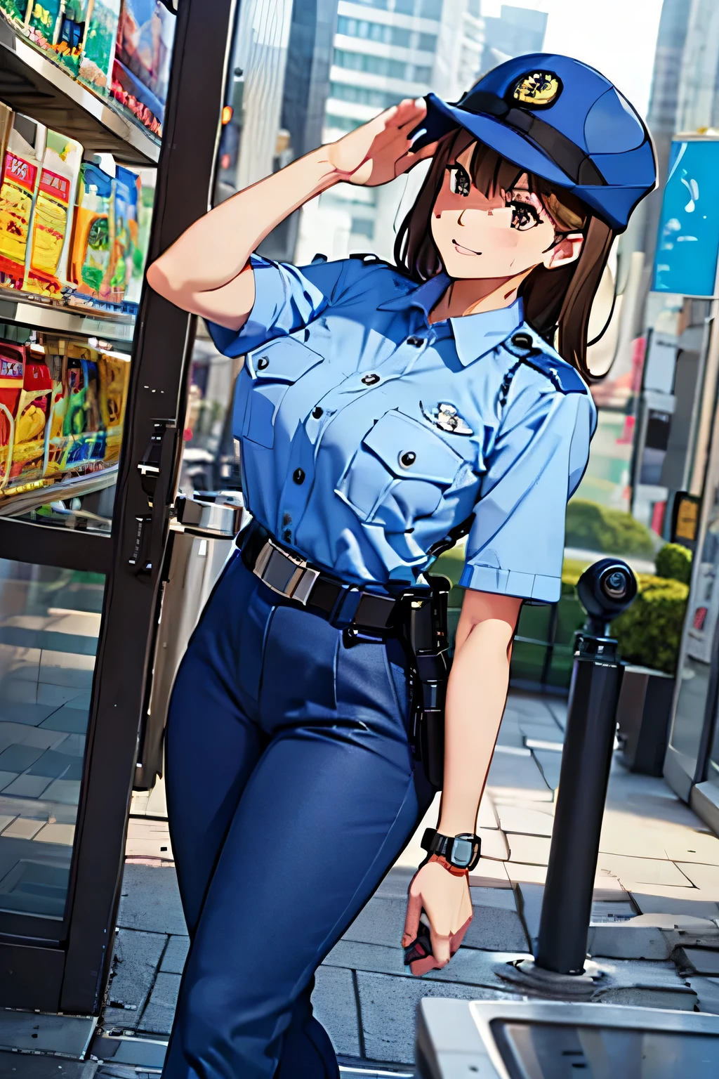 large breasts,police uniform, light blue shirt, blue pants, breast pocket, best quality, masterpiece,blue cap,black belt,policewoman,jp-police,brown hair