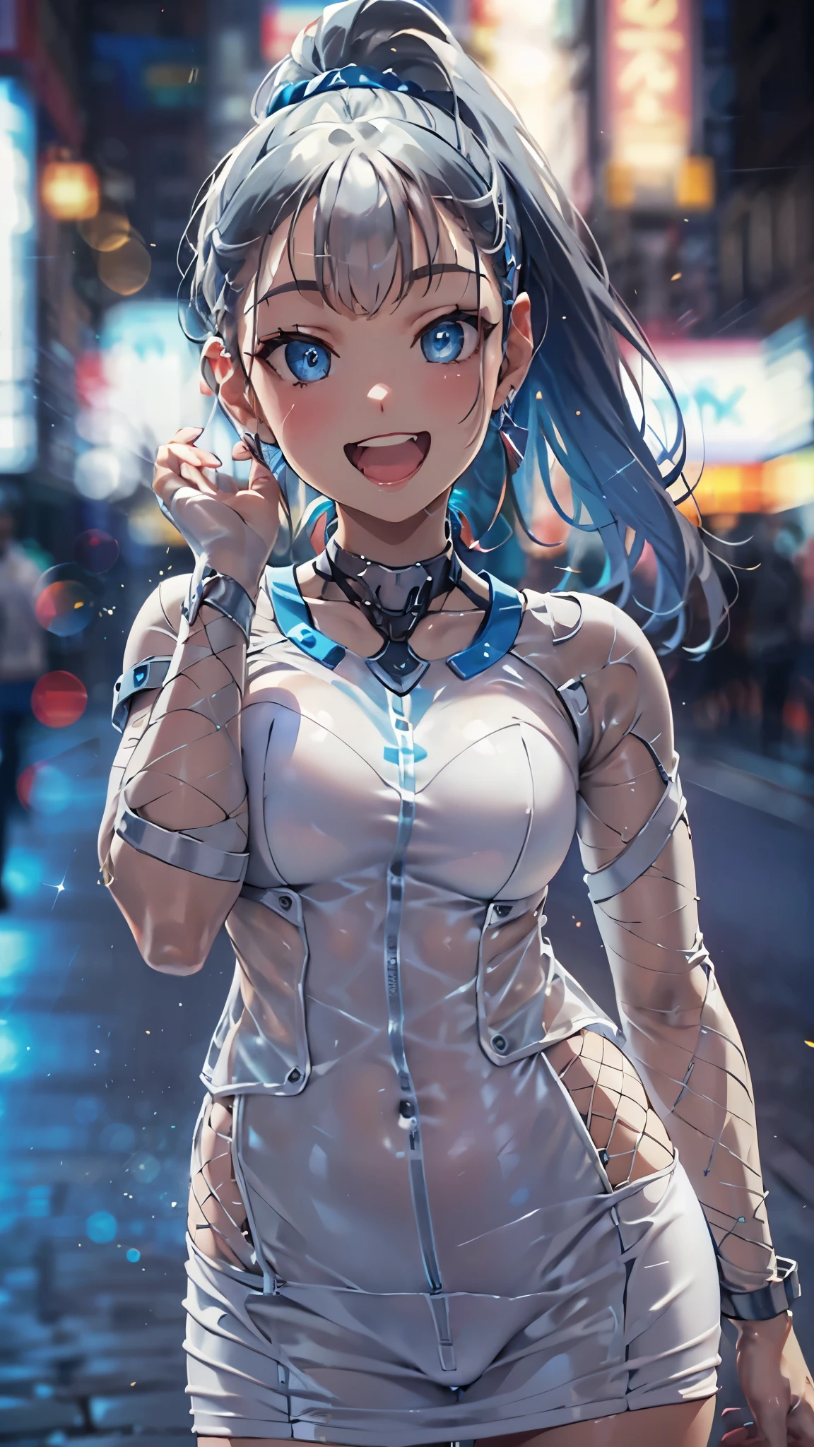 woman,14 years old,,city,night,(((white and blue tight miniskirt bodysuit))),,open mouth smile((See-through))glasses,((beautiful long ponytail)),((Baby girl body shape))