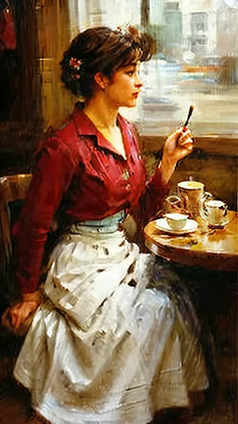 Lady sipping coffee, coffee shop, oil painting 