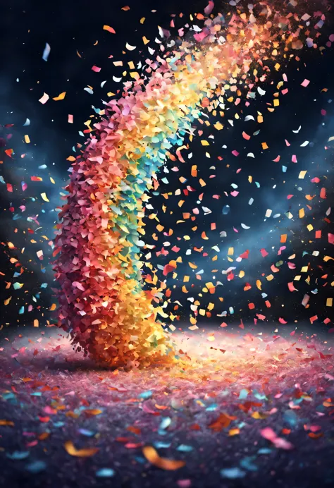 bright colorsとりどりの紙吹雪, Soaring in the air, Night sky background, Festive mood and dance of colors, Pieces of paper swirling in starlight, celebration under the sky, festival atmosphere, Confetti like a rainbow waterfall, Sparkling on the dark canvas of the...