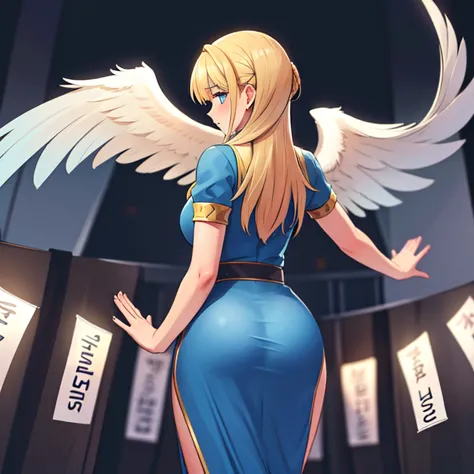 a blonde haired, blue eyed, lady with 6 angel wings coming from her back