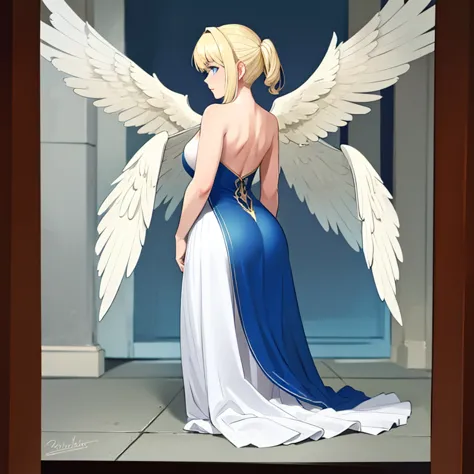 a blonde haired, blue eyed, lady with 6 angel wings coming from her back.