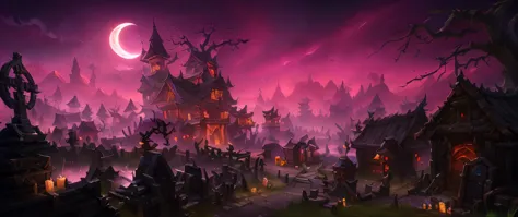 Araffed Cemetery，At night there are cemeteries and cemetery houses, hearthstone concept art, scary magical background, Blizzard ...