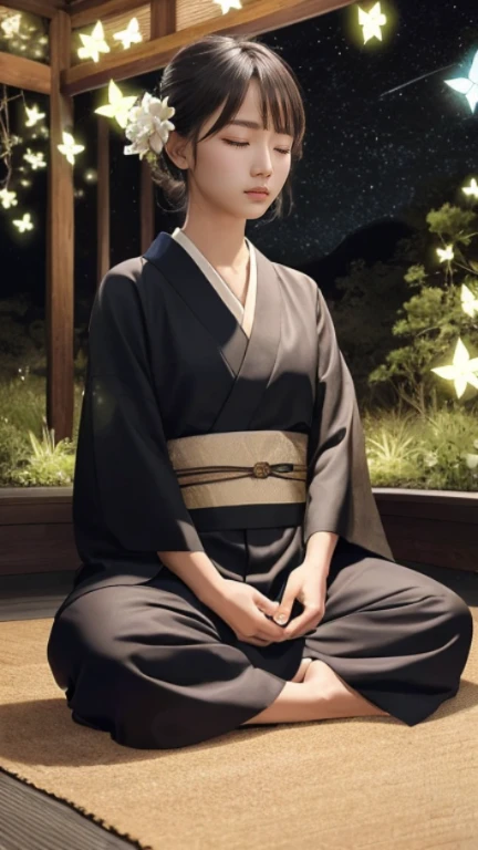 Pitch black garden,zazen on the ground,,,,,,,,late night,starry sky,mysterious sight,Countless butterflies emitting light々,Countless fireflies,well-groomed face,Gorgeous gardens,late nightに庭園で,.１people,20 year old woman,深いMeditating,kimono,kimono,masterpiece,highest quality,Precise,Meditating, sit cross-legged,  Close ~ eyes, Harmony with the Force, spiritual retreat, transcendental tranquility, desert enlightenment,  disorganized, HDR, Super detailed illustrations, highly detailed face, RAW photo, film grain,  trending on deviantart 