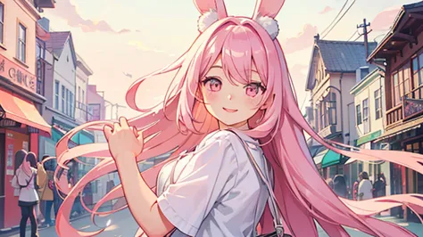 beautiful illustrations, highest quality, pretty girl, pastel colour, fluffy rabbit ears, , pink long hair, rabbit stuffed, pale...