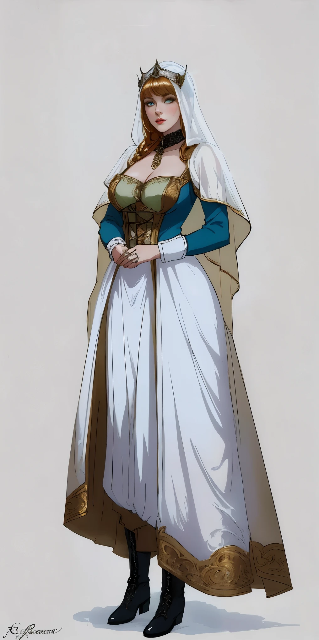 A drawing of a woman in a white dress and a blue cape - SeaArt AI