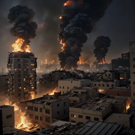 (best quality), (masterpiece), amazing art, unreal engine, 4K ultra HD, view from the rooftops, a city ablaze with ruined buildings, smoke and ash, sirens and emerged lights, hazy, fires lighting the city, devastation, 