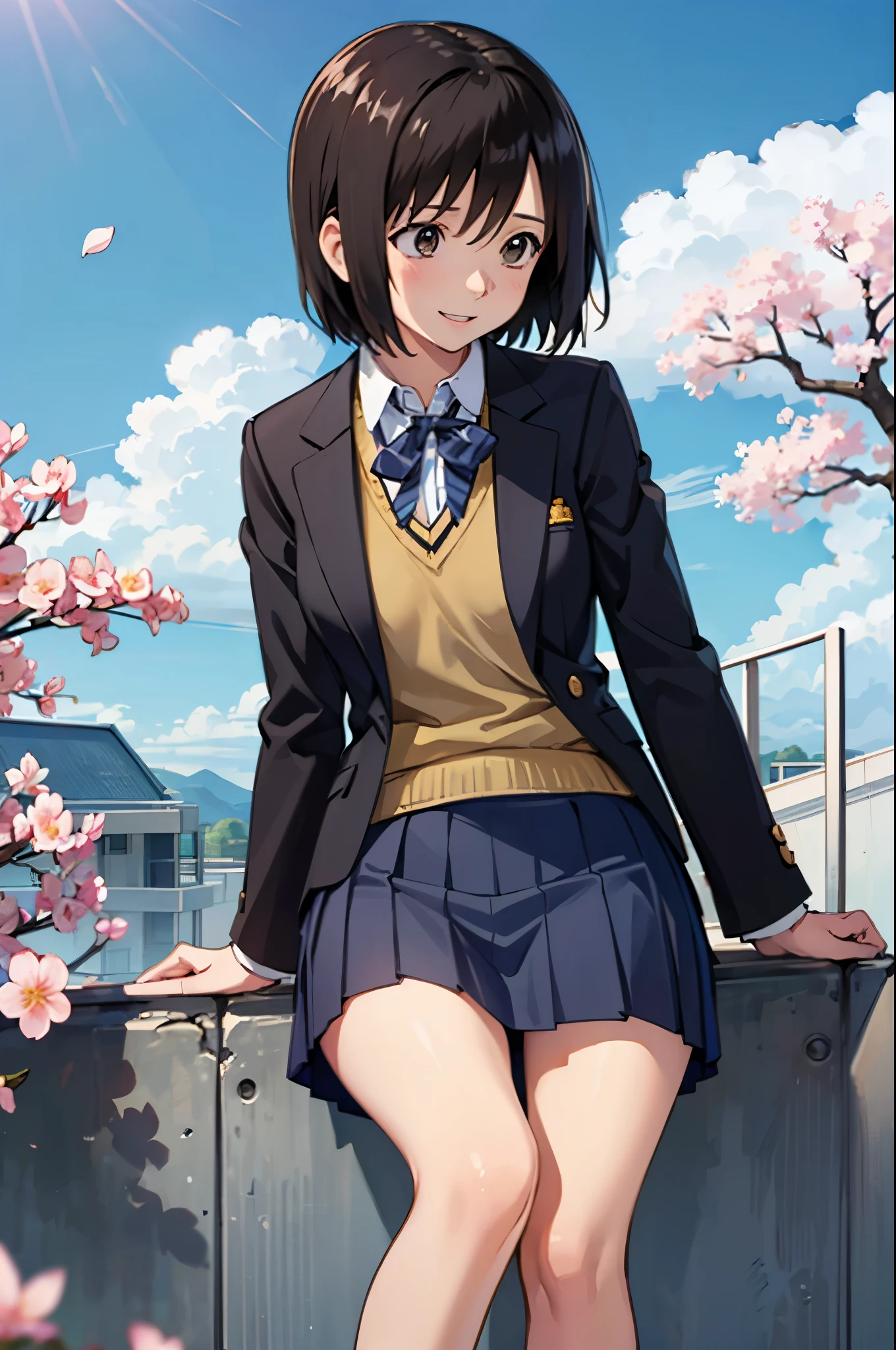 highest quality、High resolution、masterpiece、nakahara_misaki, (school uniform）、school uniform、Blazer Uniform、Checkered pleated skirt、mini skirt、ribbon、best smile、Pinching skirts、Cherry blossom petal fluttering、beautiful scenery、schoolyard、fluttering skirt、(Panty shot)、Fashionable uniforms、flowing hair、comb one&#39;s hair、sit on the stairs、physical education sitting、