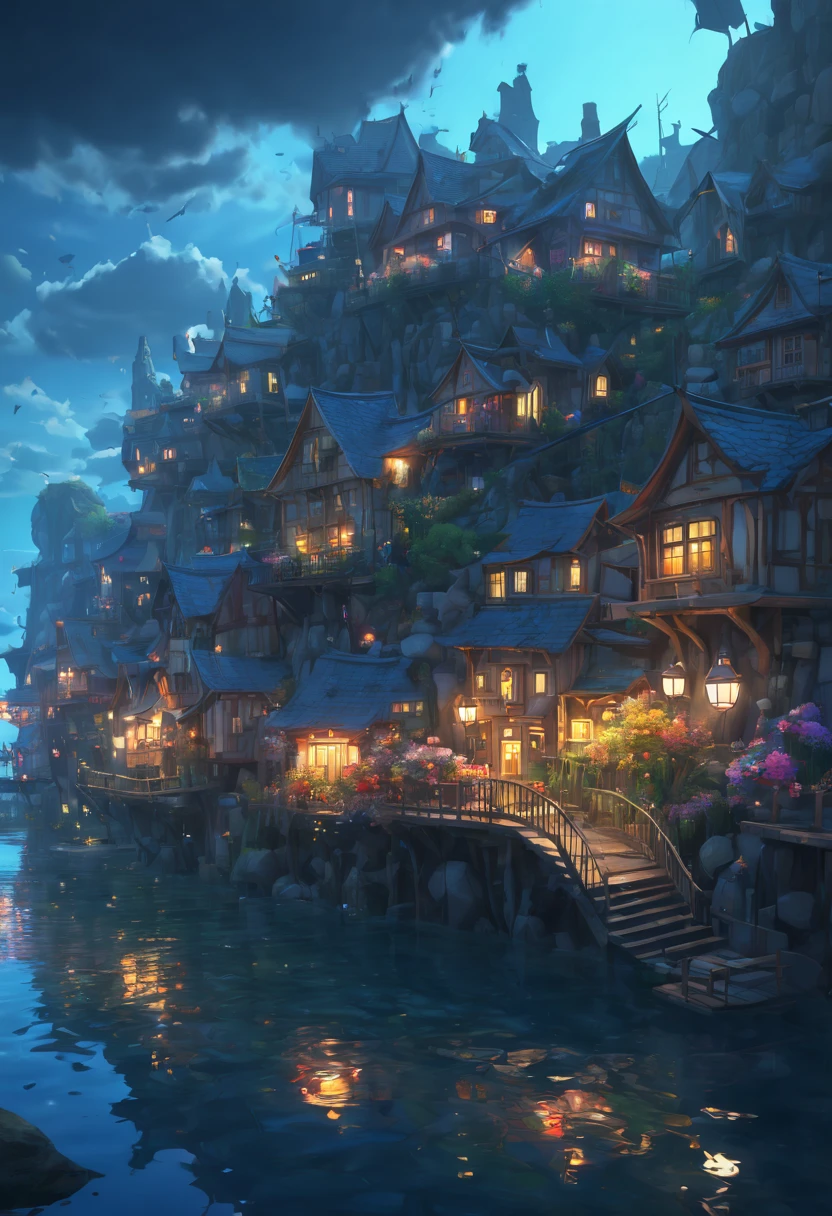 couleur (fantaisie: 1.2), (à la manière de Hayao Miyazaki), (Bâtiments irréguliers flottant dans la mer), chalets patchwork, décorations florales, lampe lumières, art conceptuel inspiré par Andreas Rocha, Gagnant du concours Artstation, art fantastique, (une ville sous-marine), Ross Tran, puits de lumière, Éclairage réaliste, chef-d&#39;œuvre, Haute qualité, beaux graphismes, Détails élevés, chef-d&#39;œuvre, Haute qualité, beaux graphismes, Détails élevés, --v6