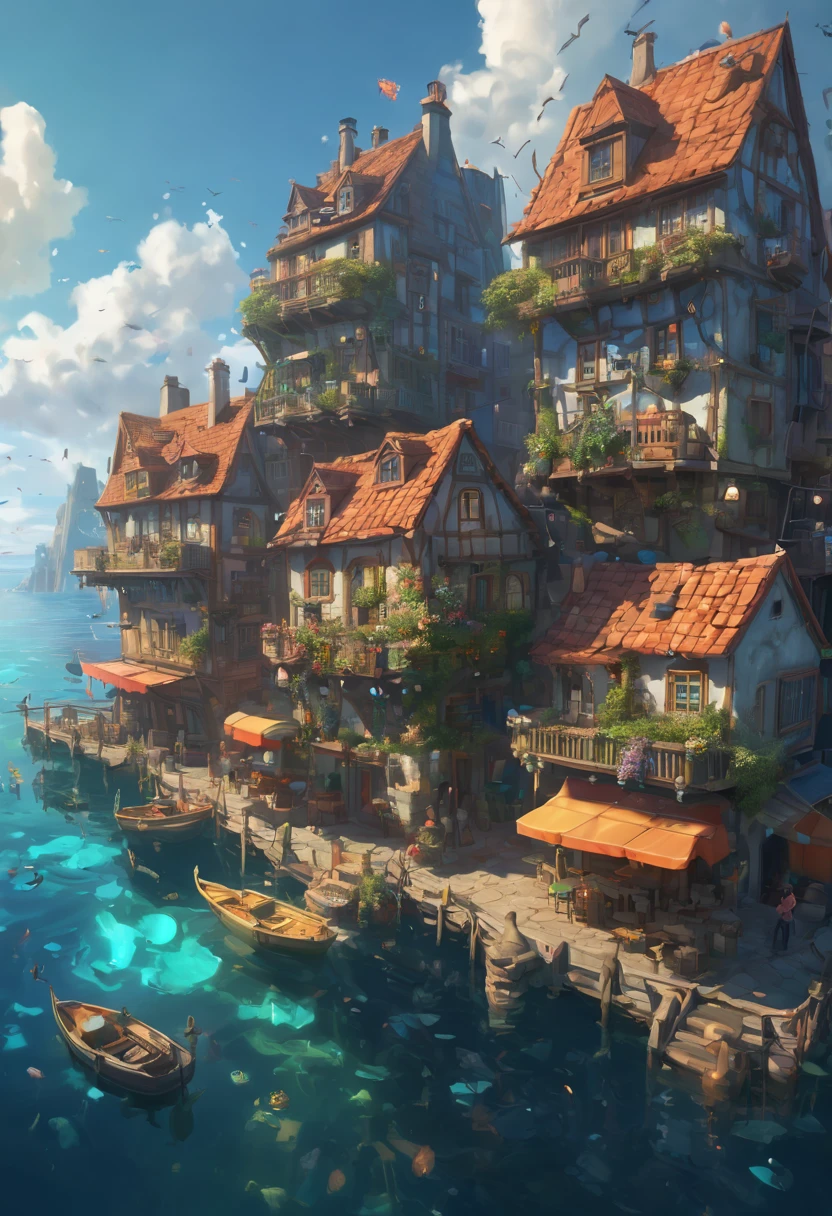 Color (fantasy: 1.2), (in style of hayao miyazaki), (Irregular buildings floating in the sea), patchwork cottages, floral decorations, lamp lights, concept art inspired by Andreas Rocha, Artstation contest winner, Fantasy art, (an underwater city), ross tran, light shafts, Realistic lighting, Masterpiece, High quality, Beautiful graphics, High detail, Masterpiece, High quality, Beautiful graphics, High detail, --V6