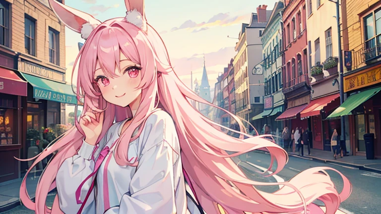 beautiful illustrations, highest quality, pretty girl, pastel colour, fluffy rabbit ears, , pink long hair, rabbit stuffed, pale pink eyes,lively atmosphere street town,casual clothes,smile