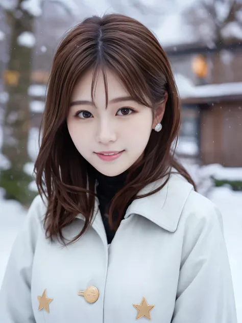 realistic pictures (1 cute korean star) shoulder length hair, light makeup, big breasts, wearing a coat, in the snow, clear faci...