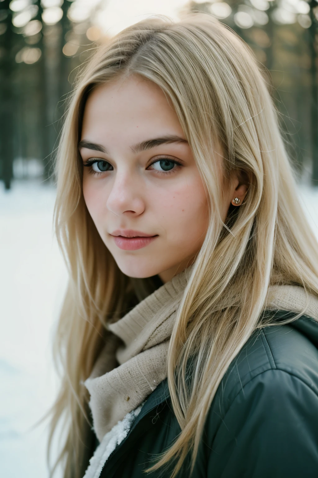 A close up of a woman with long blonde hair and a scarf - SeaArt AI