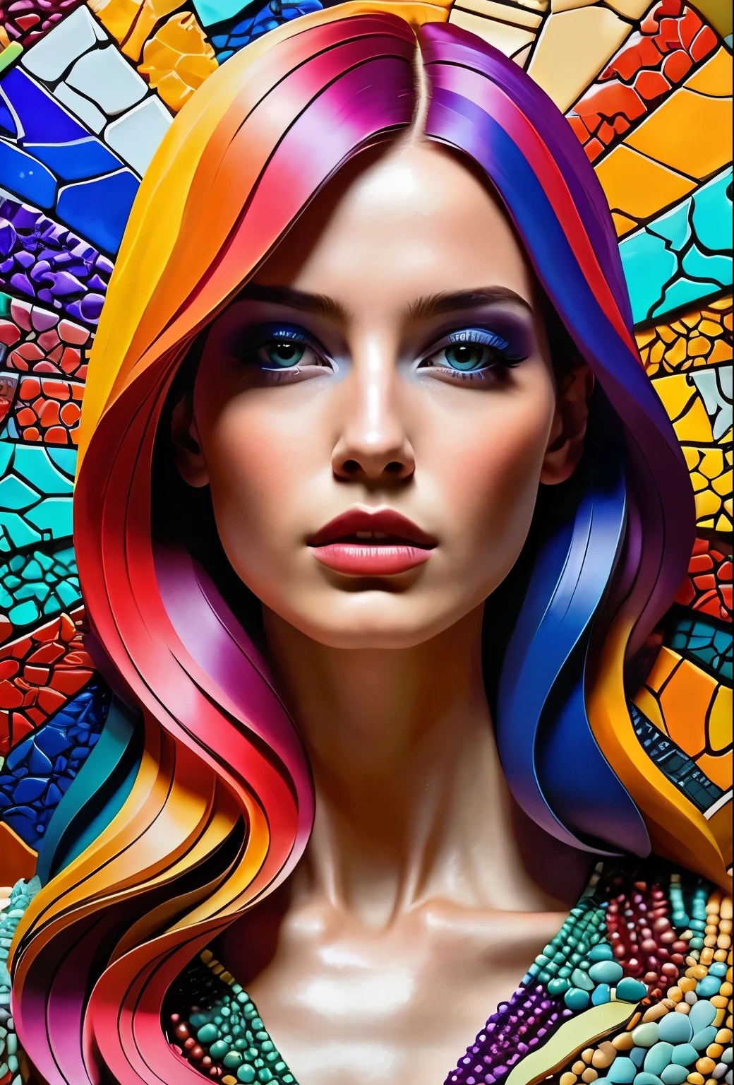 Un primer plano de una mujer con cabello colorido y un collar, arte de alessandro pautasso, pintura digital vibrante, pintura digital colorida, hermoso arte uhd 4k, colorido arte digital, impresionante arte digital, gorgeous digital art, Arte colorido, Colorful Digital Fantasy Art, pintura digital brillante, Arte de Photoshop, Digital art art, arte digital realista 4k