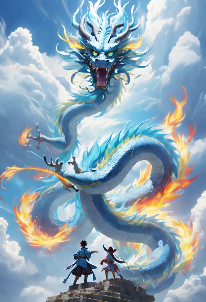 (The main subject: wide wide shot), The flame  light blue,[Multicolored,(Chinese dragon anthropomorphism)], salama,dramatic clouds,(Deep in the field), Rich details​, (Wide sky), (sense of vastness),Energy and vitality, Complicated details.(Best quality at best, A high resolution, tmasterpiece:1.2), (actual:1.37), HighDynamicRange。