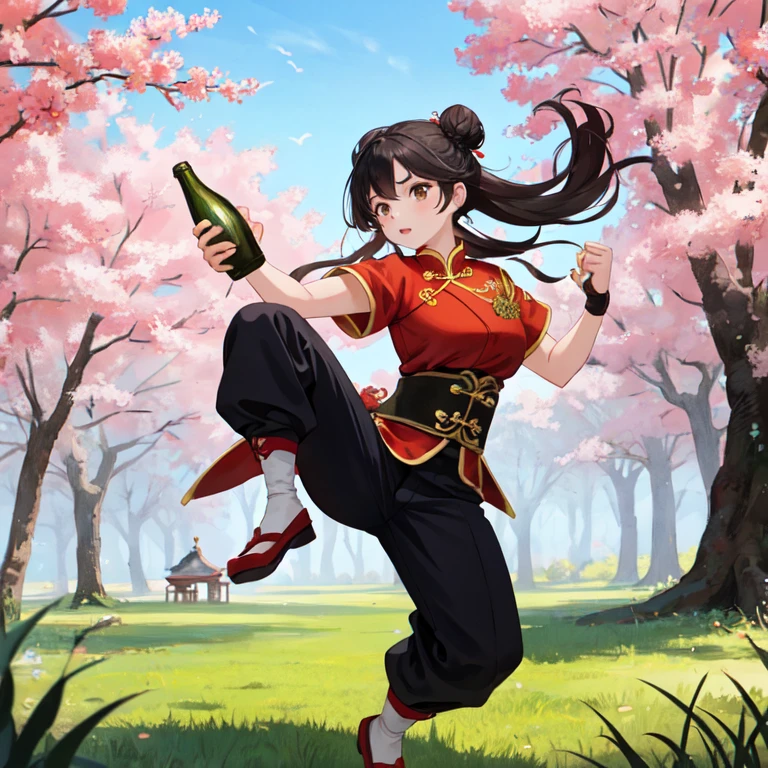 1girl, solo, super fine illustration, an extremely delicate and beautiful, best quality, 20s, black hair, bun, long hair, brown eyes, looking at viewer, drunk, red face, chinese martial arts uniform, white, red, black, drunken fist, sake bottle, holding, drinking, swaying, outdoor, grass, trees, park, martial arts scenery, traditional, full body, front view.