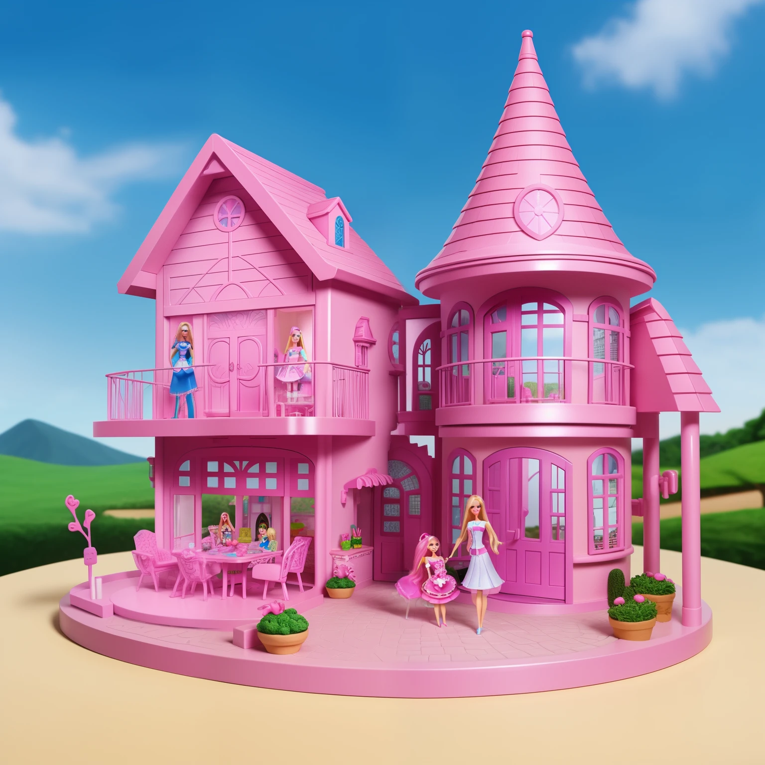 Maison de poupée barbie avec meubles roses et meubles roses - SeaArt AI