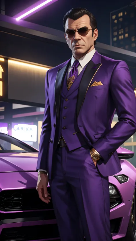 Um mafioso vestindo um terno roxo com detalhes dourados no estilo GTA 5 