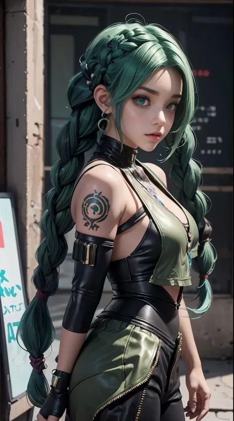 uma mulher com cabelo verde e tatuagens, mulher cyberpunk mulher anime, pants, Deusa cyberpunk raivosa bonita, estilo de arte cy...