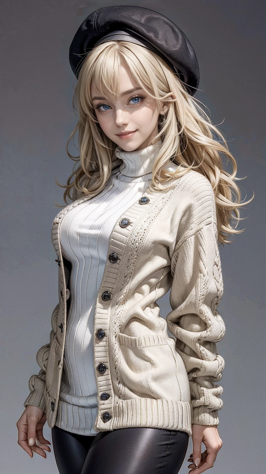 (highest quality, High resolution, masterpiece :1.3), 25-year-old Caucasian woman、platinum blonde、blue eyes、semi-long、my hair is wavy、smile、Slender but well-proportioned muscular body、I don&#39;t want my head to disappear from the screen.、wearing red nail polish、wearing a high neck sweater dress、wearing a cardigan、I&#39;m wearing leggings、wearing mules、wearing a woolen hat、smile