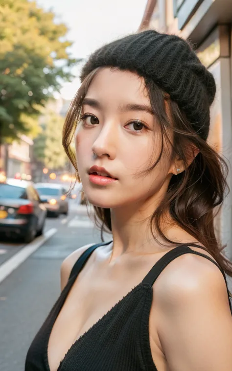 a girl standing in the street,half-body photo,upper body close-up,bust,upper_body,