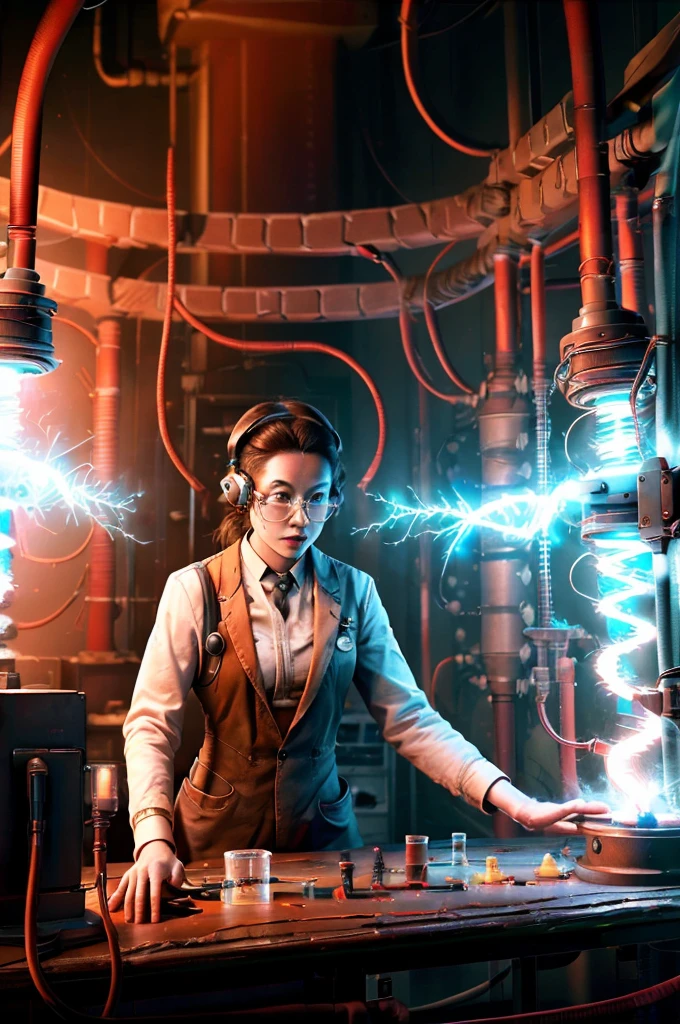 TeslaPunkAI female scientist experiments in lab, tesla coils