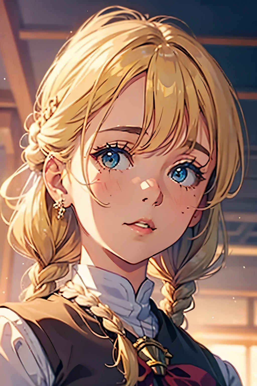 blonde hair, short braided blonde hair with a high bun, looking down to the left, front view, close portrait, god rays, beautiful light shining on sky, soft pretty face, blushing, soft plump pink lips, shiny lips, pretty woman, button nose, rosy nose, fantasy, fantasy school girl, fantasy school uniform