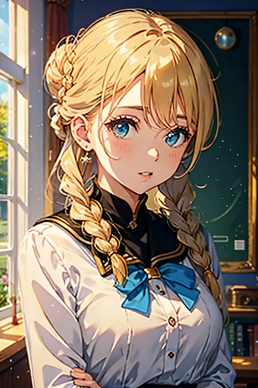 blonde hair, short braided blonde hair with a high bun, looking down to the left, front view, close portrait, god rays, beautiful light shining on sky, soft pretty face, blushing, soft plump pink lips, shiny lips, pretty woman, button nose, rosy nose, fantasy, fantasy school girl, fantasy school uniform