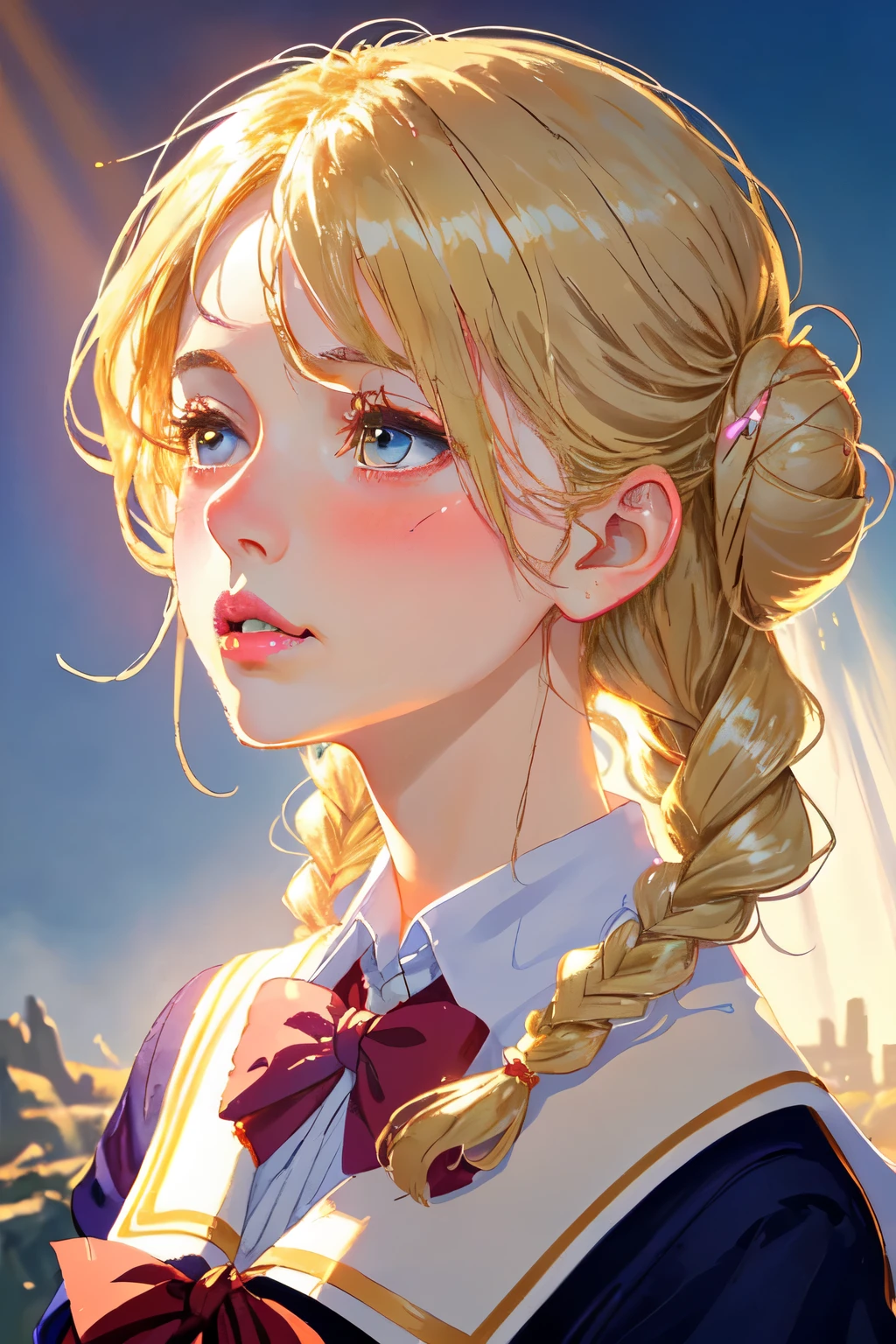 blonde hair, short braided blonde hair with a high bun, looking down to the left, front view, close portrait, god rays, beautiful light shining on sky, soft pretty face, blushing, soft plump pink lips, shiny lips, pretty woman, button nose, rosy nose, fantasy, fantasy school girl, fantasy school uniform