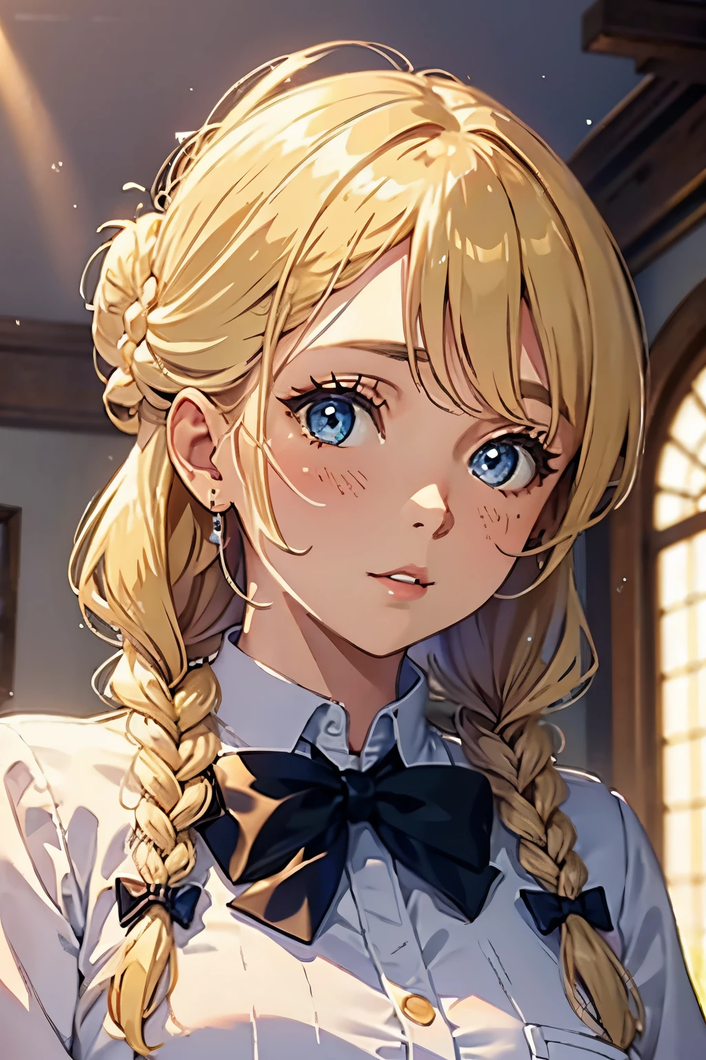 blonde hair, short braided blonde hair with a high bun, looking down to the left, front view, close portrait, god rays, beautiful light shining on sky, soft pretty face, blushing, soft plump pink lips, shiny lips, pretty woman, button nose, rosy nose, fantasy, fantasy school girl, fantasy school uniform, blue eyes