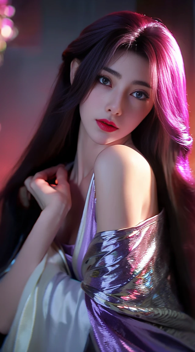 beautiful purple girl playing a game is posing with the girl's hair with cat hair, in the style of 32k uhd, dragon art, gongbi, glistening, bold use of light, eye-catching, flowing fabrics female fanfiction fantasy creature girl  the kitten girl fanfiction, in the style of light purple and dark azure, guo pei, 32k uhd, gemstone, natalia rak, charming anime characters, guillaume seignac 