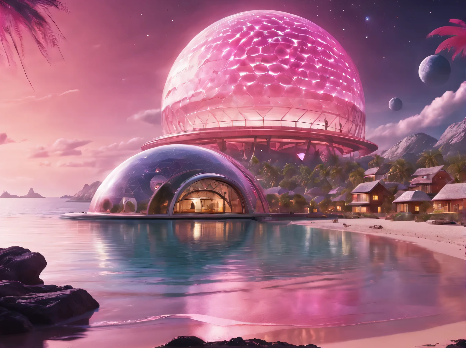 scene from a holiday romance on the shore of an alien pink ocean, in the background is an alien eco-friendly resort town under an energy dome, stars are visible in the dark sky behind the dome