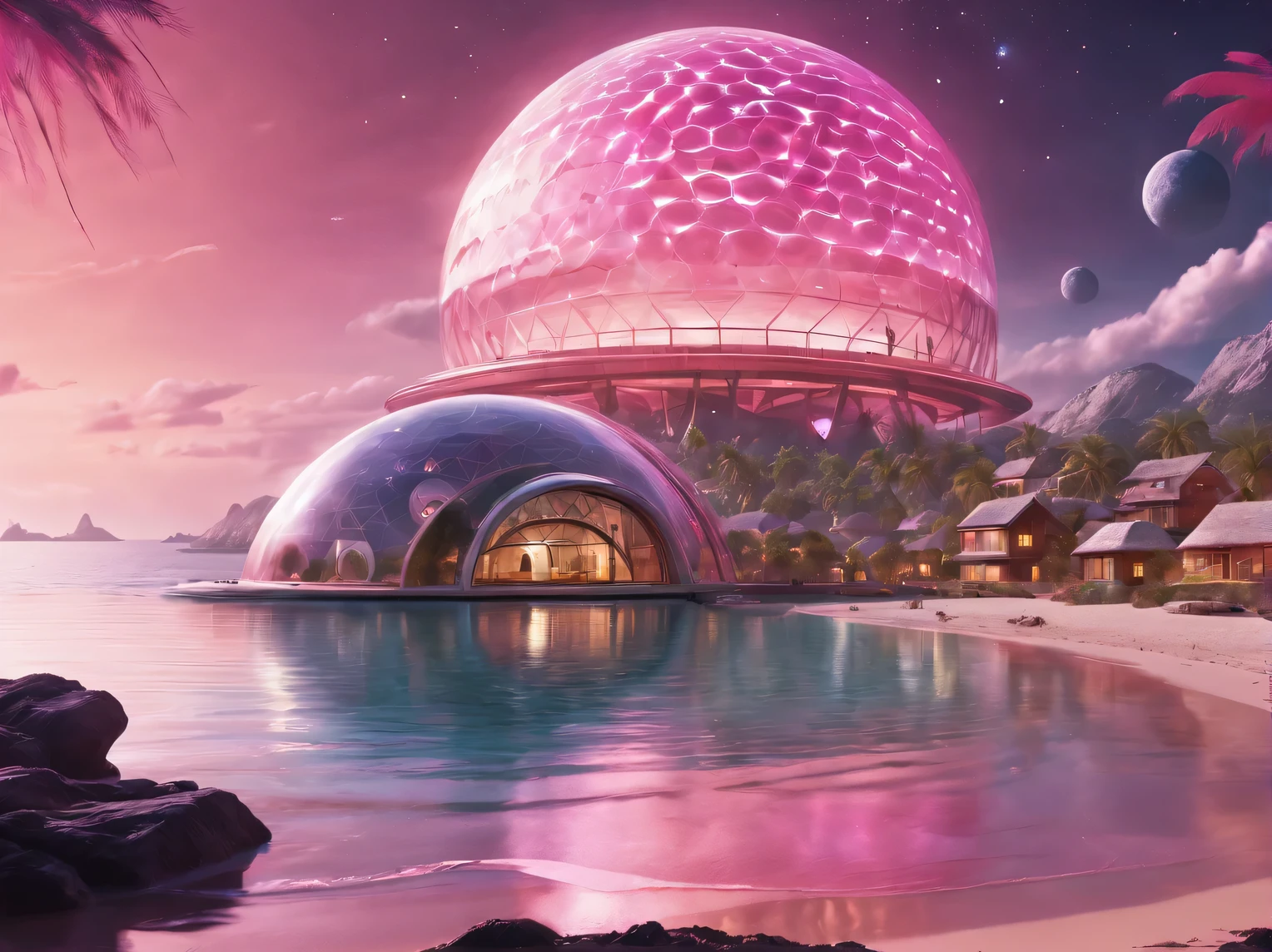 a scene from a holiday romance on the shore of a strange light green ocean, in the foreground are 2 alien life forms, enjoying the rays of the purple sun, in the background is an alien eco-friendly resort town under an energy dome, stars are visible in the dark sky behind the dome