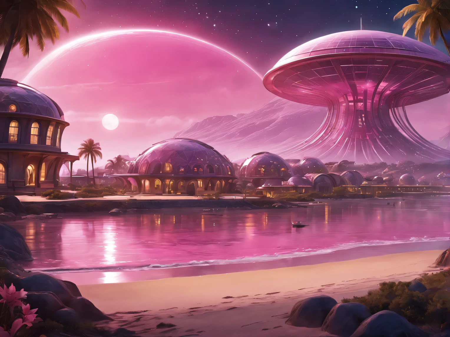 a scene from a holiday romance on the shore of a strange light green ocean, in the foreground are 2 alien life forms, enjoying the rays of the purple sun, in the background is an alien eco-friendly resort town under an energy dome, stars are visible in the dark sky behind the dome