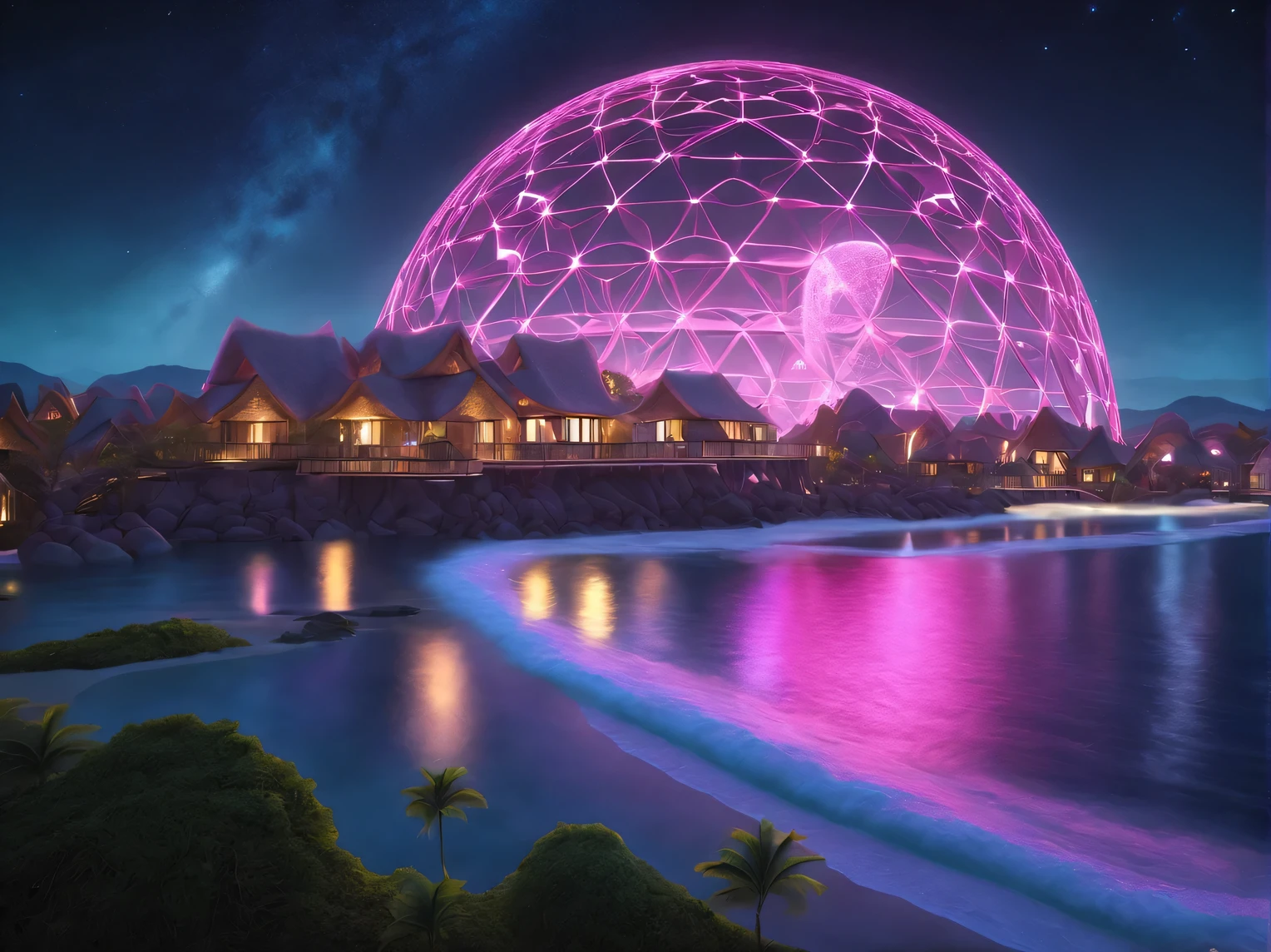 a scene from a holiday romance on the shore of a strange light green ocean, in the foreground are 2 alien life forms, enjoying the rays of the purple sun, in the background is an alien eco-friendly resort town under an energy dome, stars are visible in the dark sky behind the dome