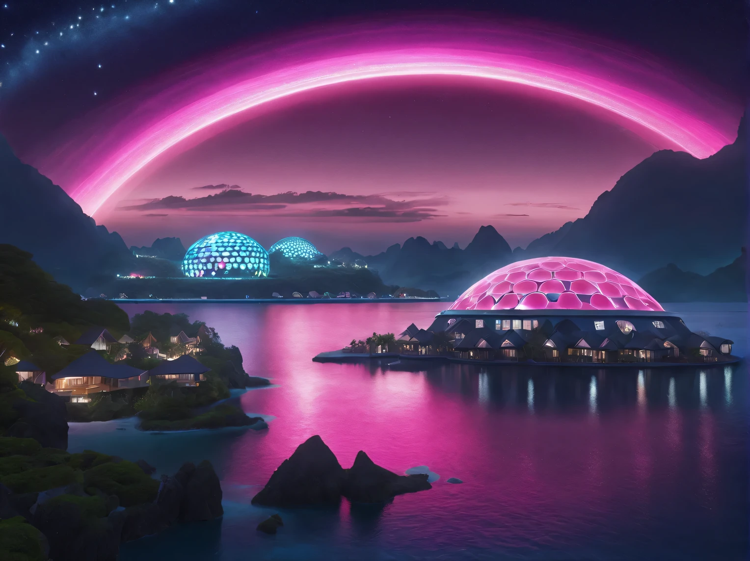 a scene from a holiday romance on the shore of a strange light green ocean, in the foreground are 2 alien life forms, enjoying the rays of the purple sun, in the background is an alien eco-friendly resort town under an energy dome, stars are visible in the dark sky behind the dome