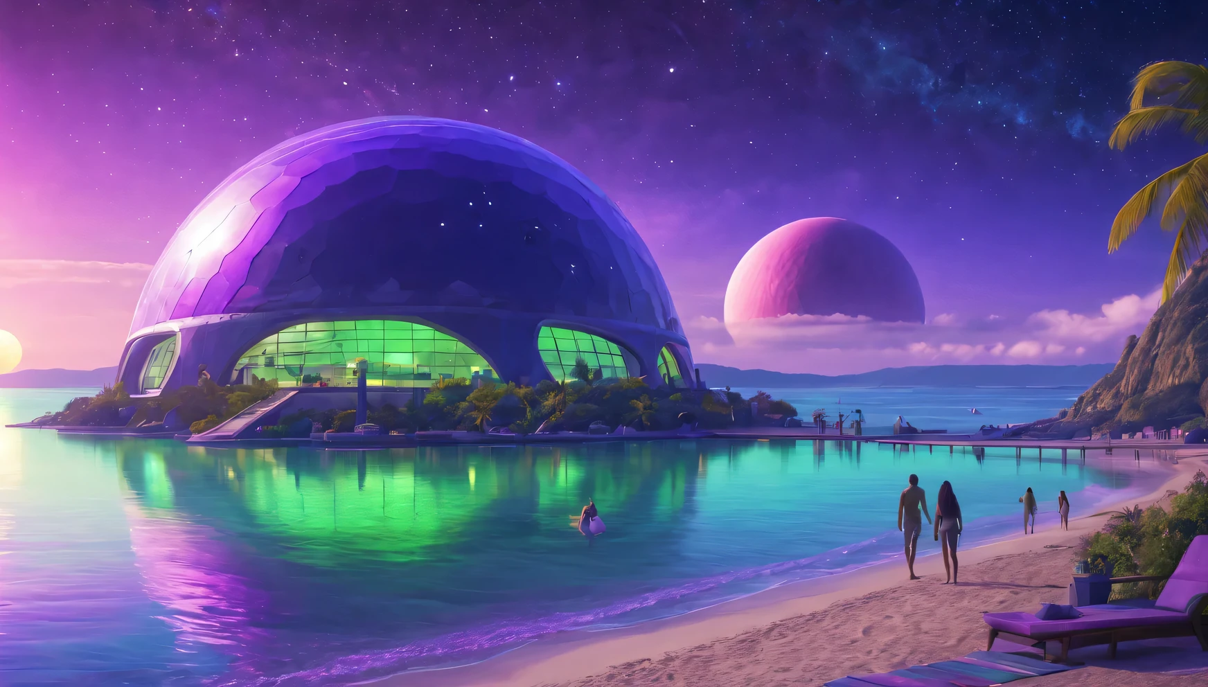 a scene from a holiday romance on the shore of a strange light green ocean, in the foreground are 2 alien life forms, enjoying the rays of the purple sun, in the background is an alien eco-friendly resort town under an energy dome, stars are visible in the dark sky behind the dome