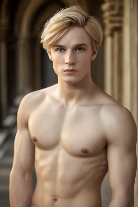 photorealistic, a young man, golden blonde hair, whole body, in castle, topless, lean body type, masterpiece, realistic, 8k, det...