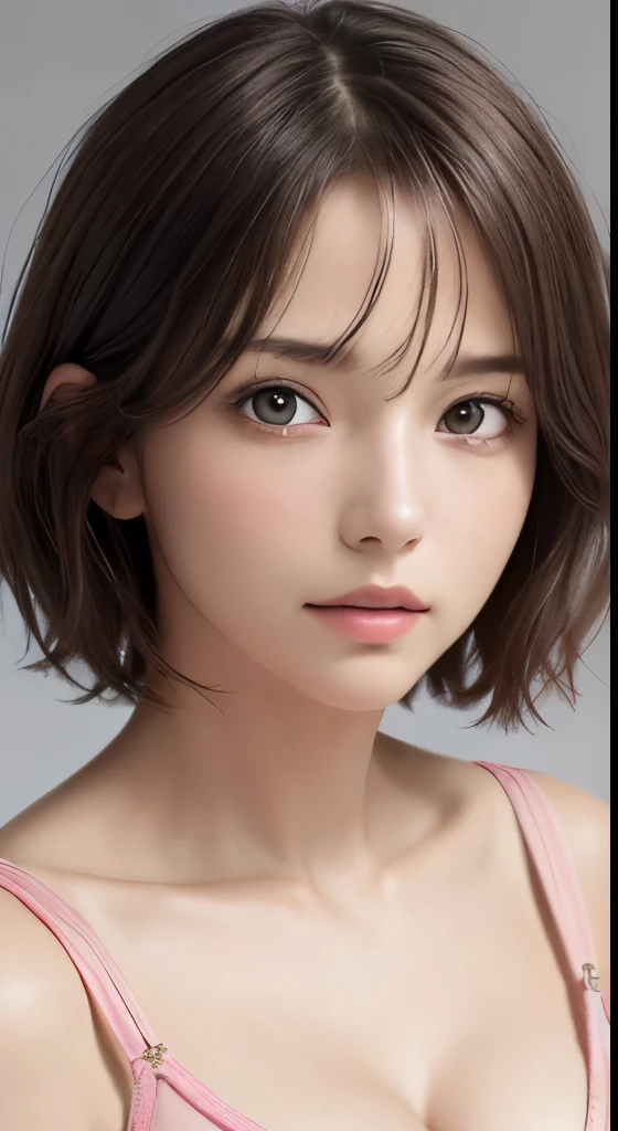 (masutepiece、highest quality、photorealistic、High resolution、photograph、:1.3)、Very close-up shot、sharp focus、30 year old mature woman、small face、no makeup、A well-formed and beautiful face、short hair、dark brown hair、Detailed beautiful eyes、Bust B Cup、exposed cleavage、、cool pose、gray background、