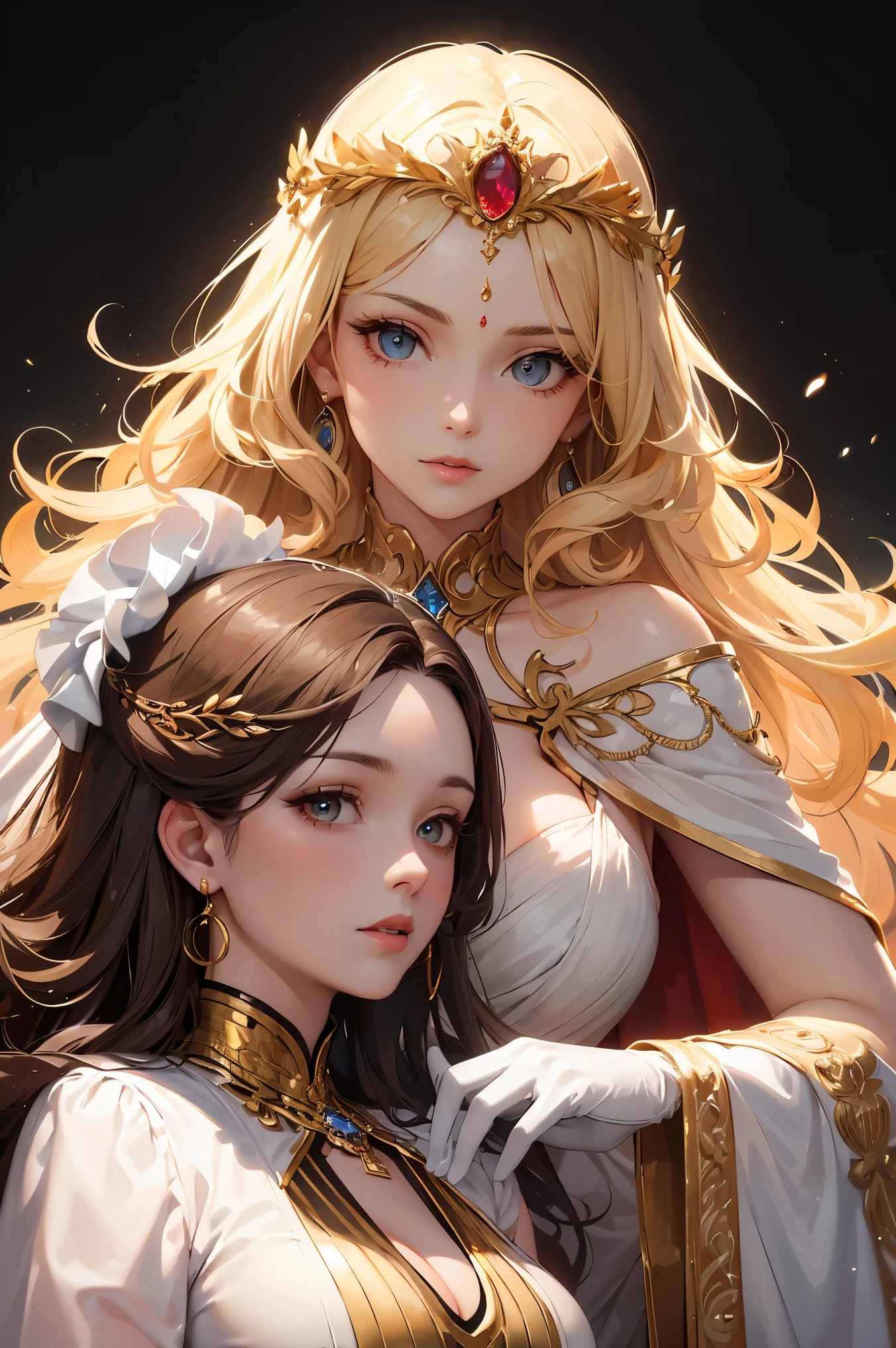 2girls, (aligned:1.2), (confrontation), (looking at viewer), (golden), jewelry, gorgeous, splendid, luxurious, aristocrat, noble, arrogant, goddess, queen, curly hair, forehead, embroidery, white satin dress and gloves and cape, gleaming skin, face focus, (portrait), Simple Background, best quality, high resolution, all intricate, mature women