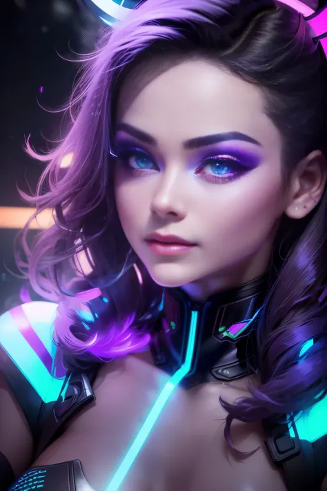 beautiful woman with Engfa's face illuminated by colored lights photorealistic background bright colors Luminous neon violet and...