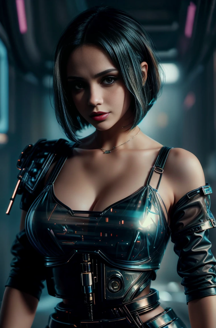 Beautiful girl in cyberpunk scene with medium breasts, medium-bob hair, (see-through, lower breasts),  visible from dress, upper-body, portrait