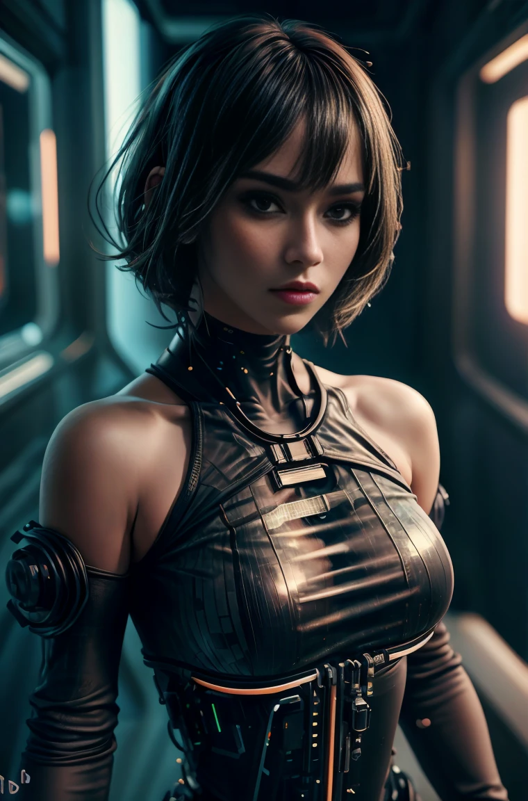 Hermosa chica en escena cyberpunk con pechos medianos., pelo medio bob, (transparente, senos inferiores),  visible desde el vestido, parte superior del cuerpo, Retrato