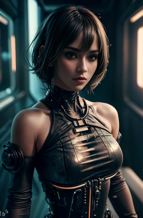 Beautiful girl in cyberpunk scene with medium breasts, medium-bob hair, (see-through, lower breasts),  visible from dress, upper...