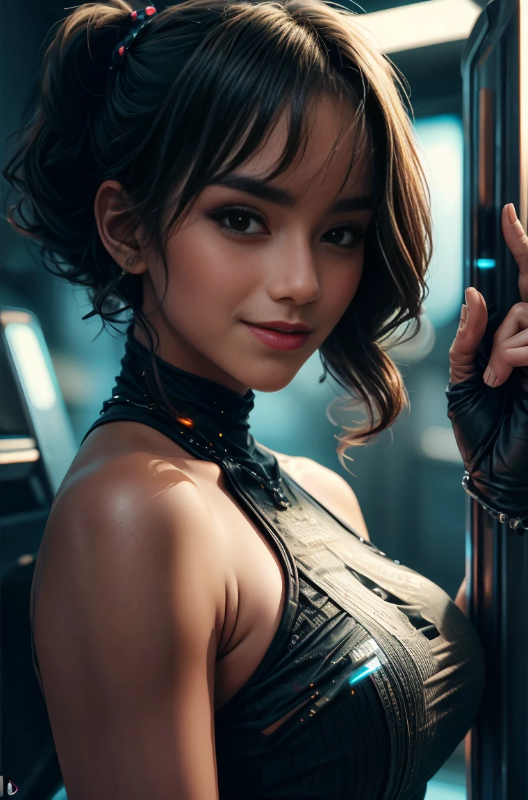 Hermosa chica en escena cyberpunk con pechos medianos., sonriente, pelo medio bob, (transparente, senos inferiores),  visible desde el vestido, parte superior del cuerpo, Retrato