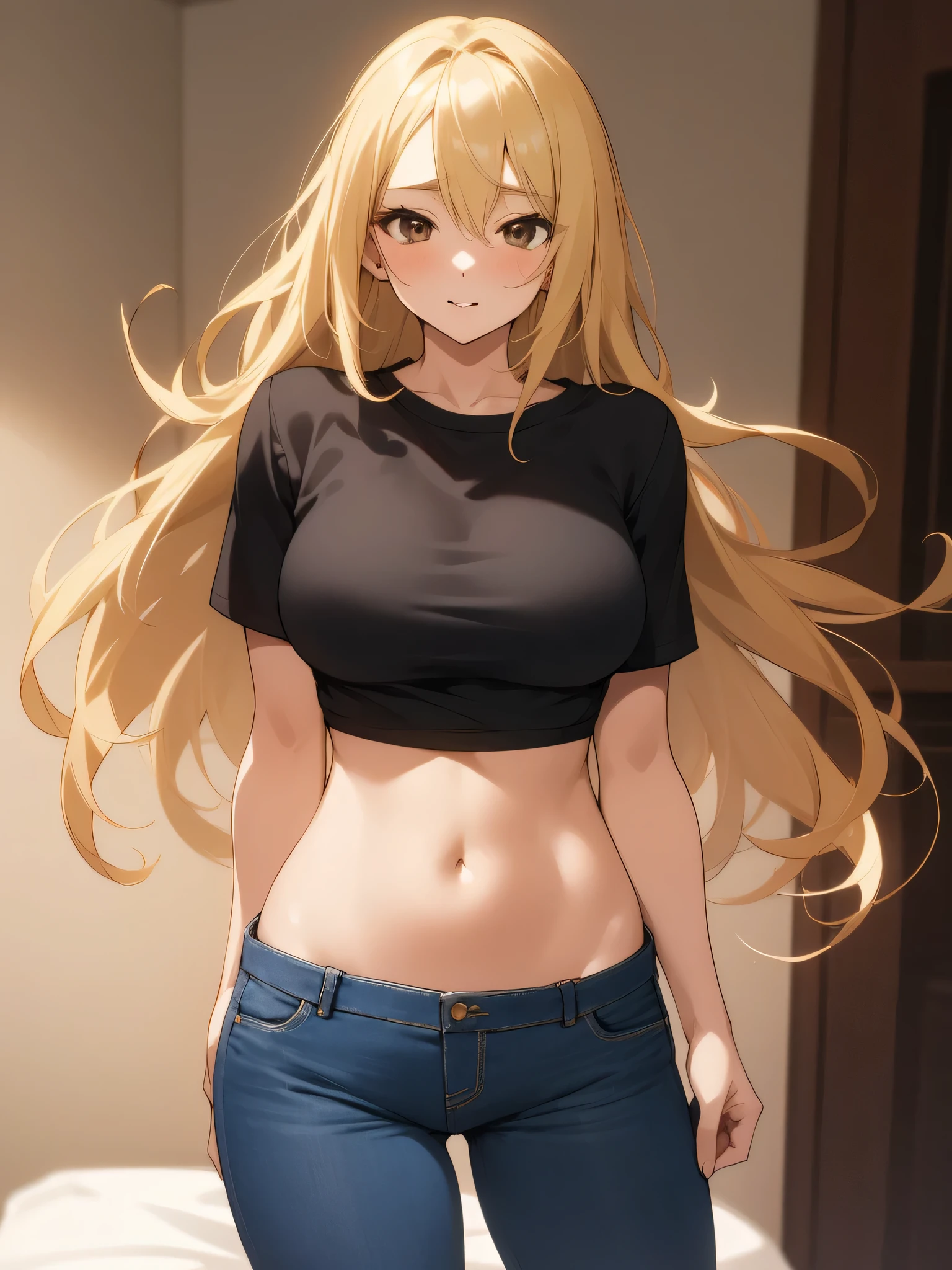 A woman with long blonde hair and jeans standing in a room - SeaArt AI