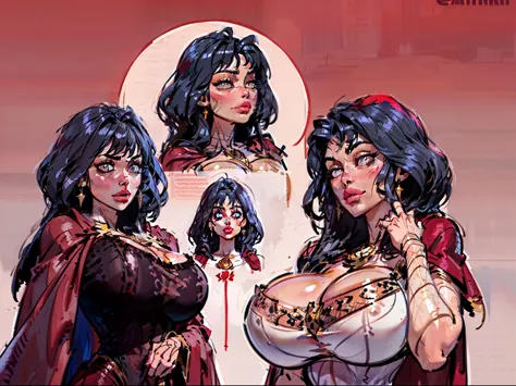((masterpiece)),(((best quality))),((character design sheet)), illustration,1woman, environment Scene change, (white skin:1.4), ((mother Gothel)), (long red dress), (red cape:1.5), (gigantic breasts), scribbles and marks, fire, ((detailed face:1.1)), clean...