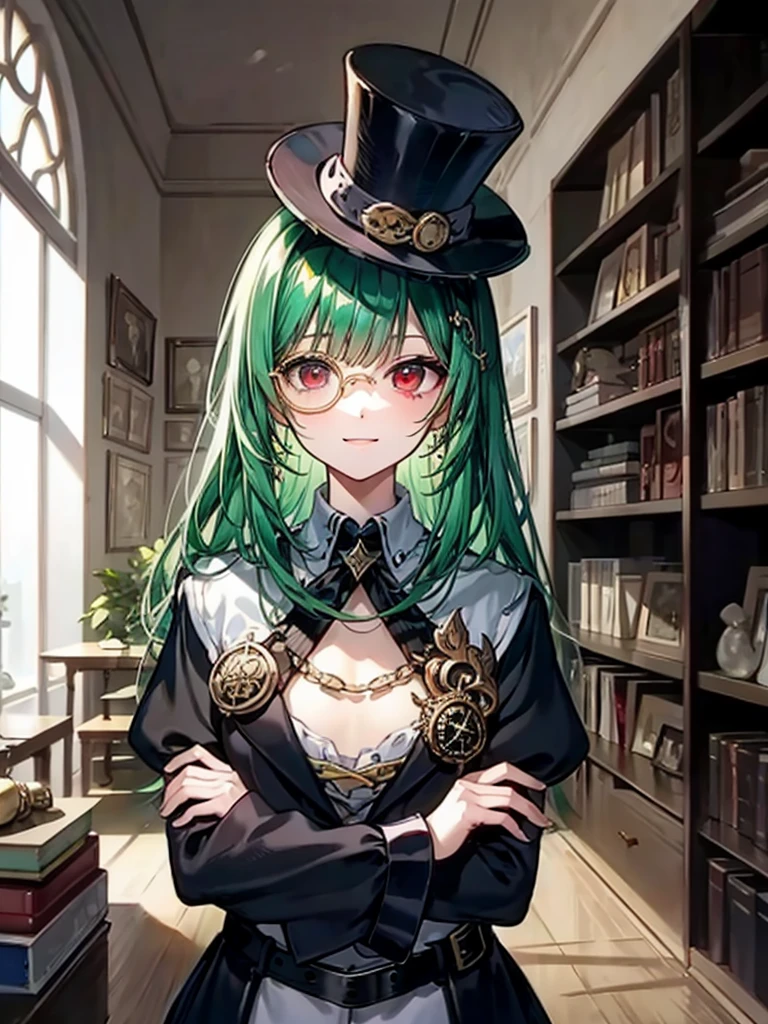 （（（masterpiece、Highest image quality、highest quality、highly detailed unity 8ｋwallpaper）））、（（Illustration of one girl、upper body））、（（（beautiful girl）））、（librarian）、（Emerald green hair、messy hair、sidelocks：1.2、red eyes、crazy smile）、（（（flat chest）））、（（（monocle）））、pocket watch、（（（Black top hat、Black tuxedo、belt）））、great medieval library、Large amount of books